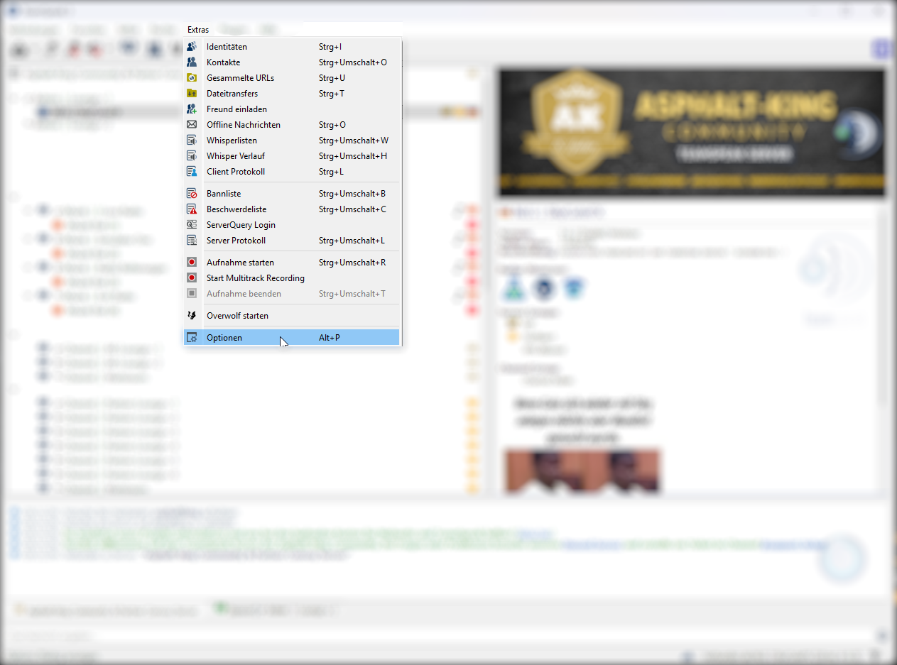 TeamSpeak Menü Extras > Optionen