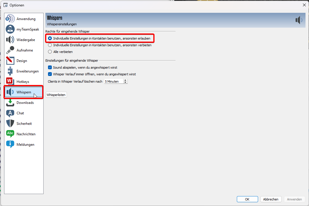 Whisper Einstellungen in TeamSpeak