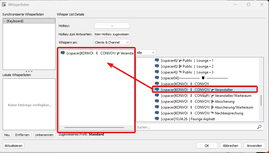 Whisper Zielkanal auswählen